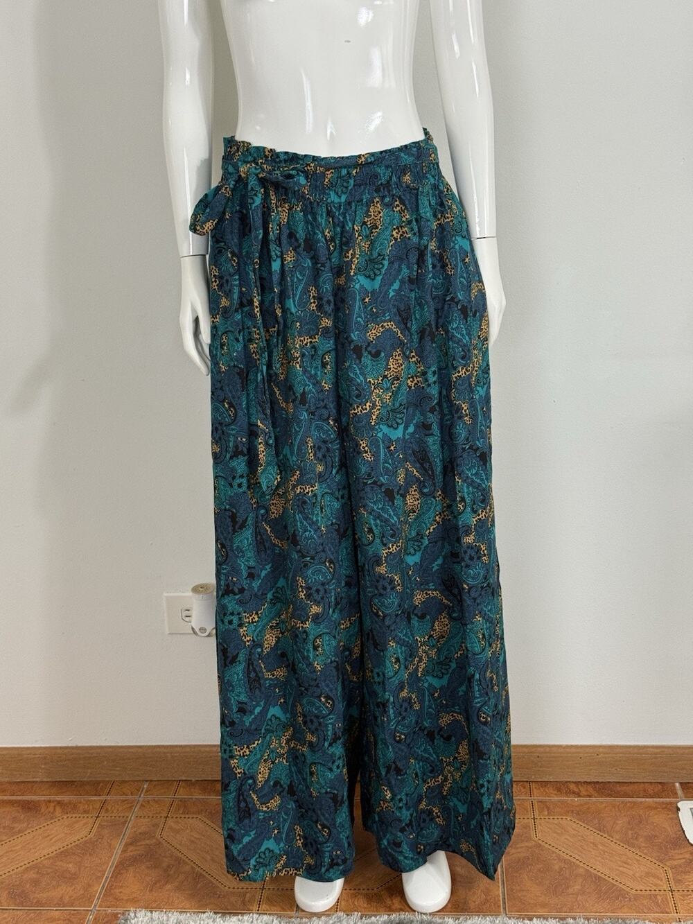 Boho Paisley Leopard Print Palazzo Pants Women’s Plus Size 2XL Teal Blue Cotton